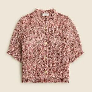 NWT J. Crew tweed fringe cropped short sleeve lady jacket button spring L